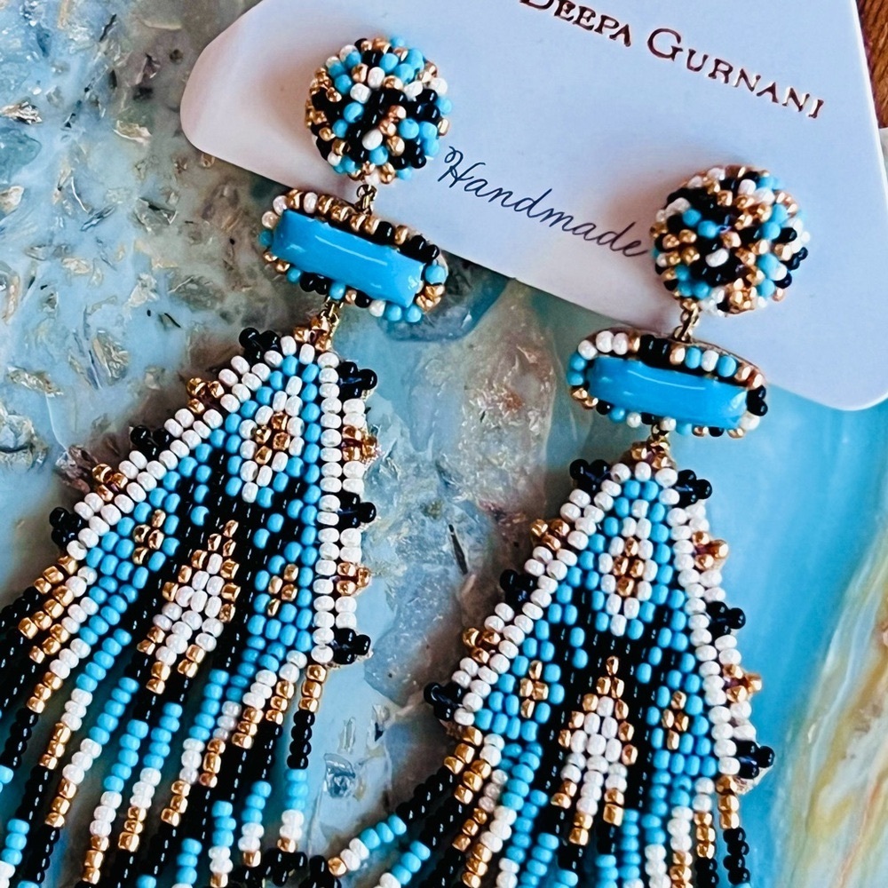 NWT Deepa Gurnani Turquoise Beaded Fringe Chandeliers - Picture 8 of 13